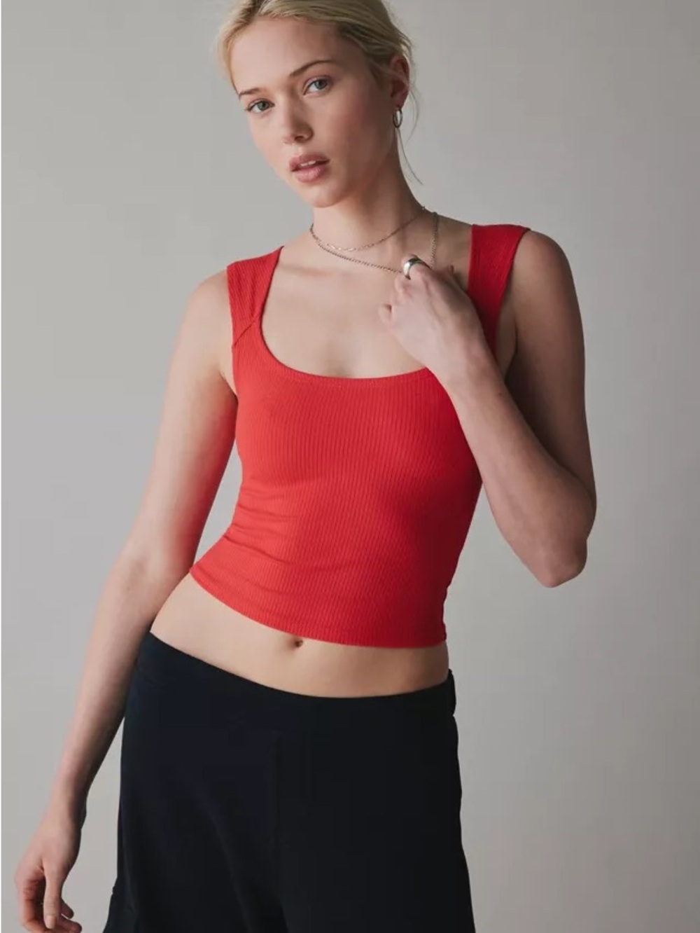 BDG Red Ribbed Square-Neck Tank Top - Picture 5 of 5